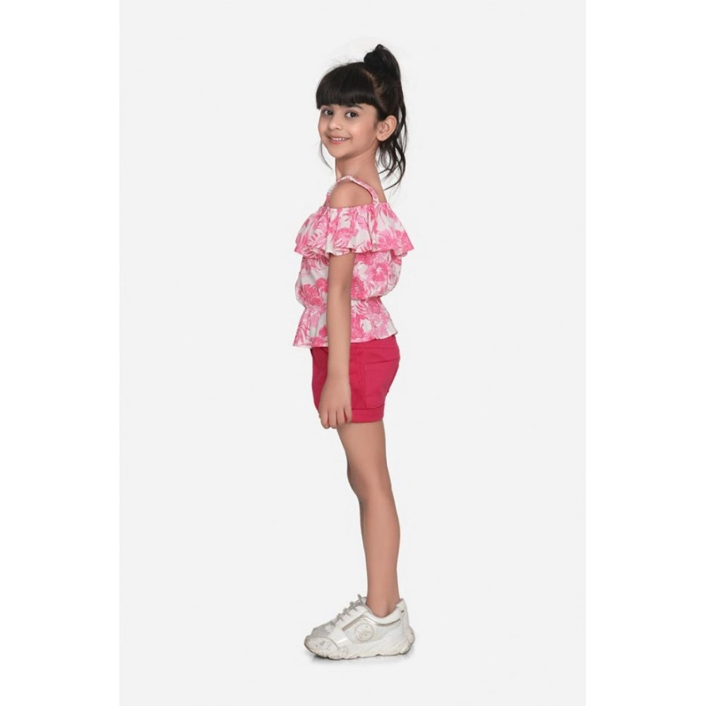 Girl'S Cotton Floral Cold Shoulder Top And Shorts Set (Pink-Re