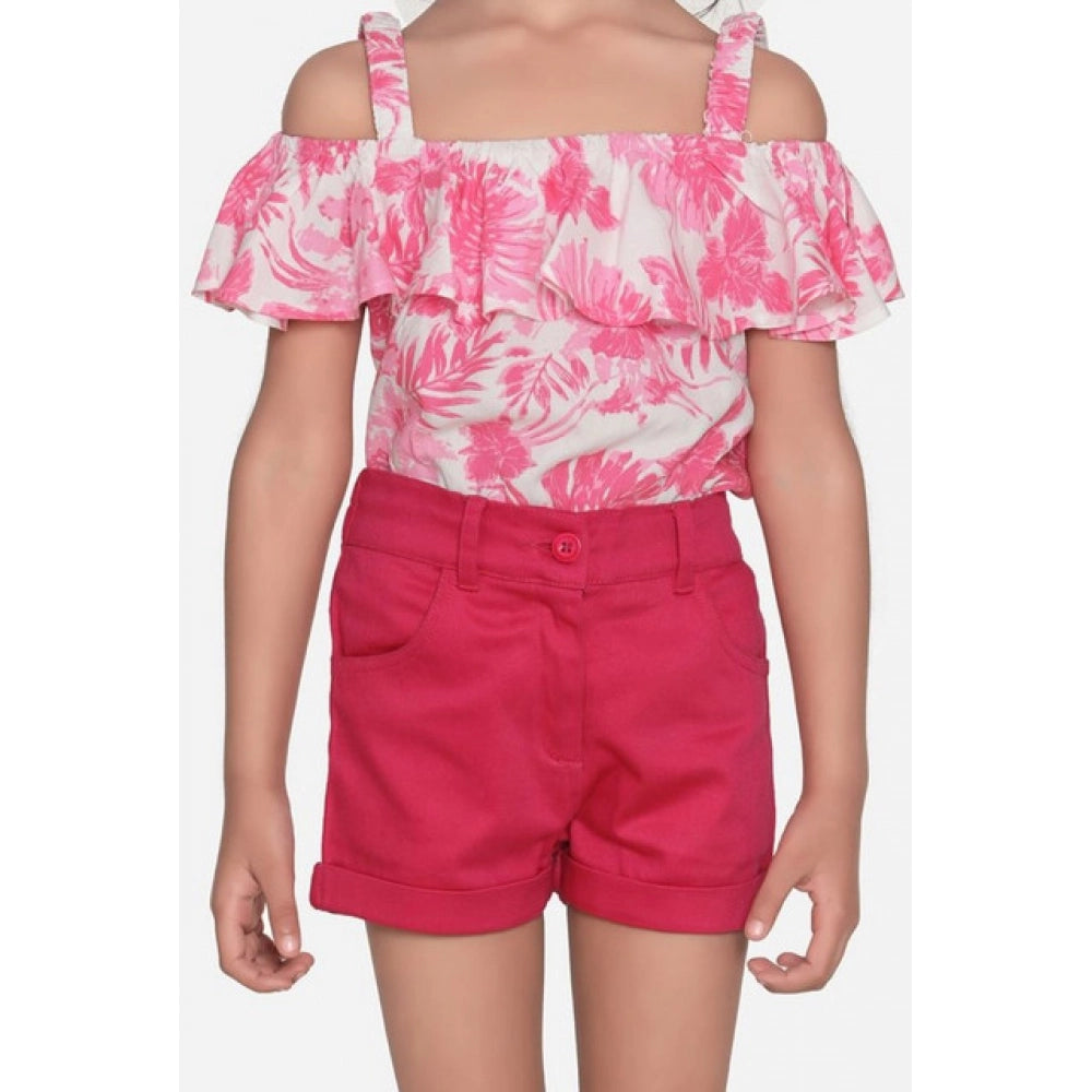 Girl'S Cotton Floral Cold Shoulder Top And Shorts Set (Pink-Re