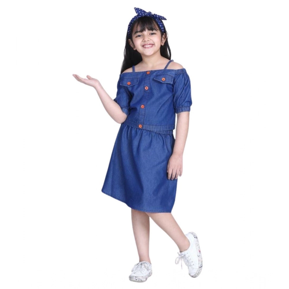 Girl'S Denim Solid Cold Shoulder Top And Skirt Set (Navy Blue)