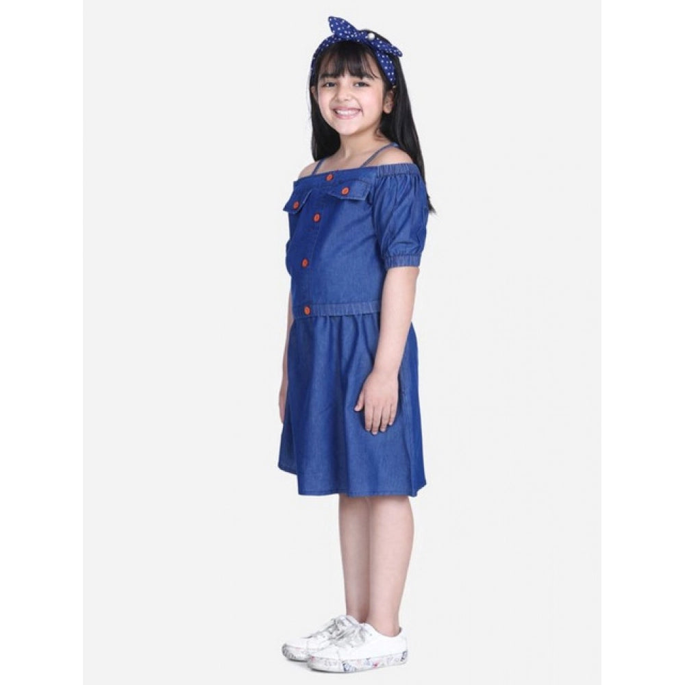 Girl'S Denim Solid Cold Shoulder Top And Skirt Set (Navy Blue)