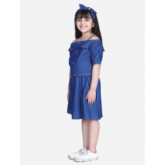 Girl'S Denim Solid Cold Shoulder Top And Skirt Set (Navy Blue)