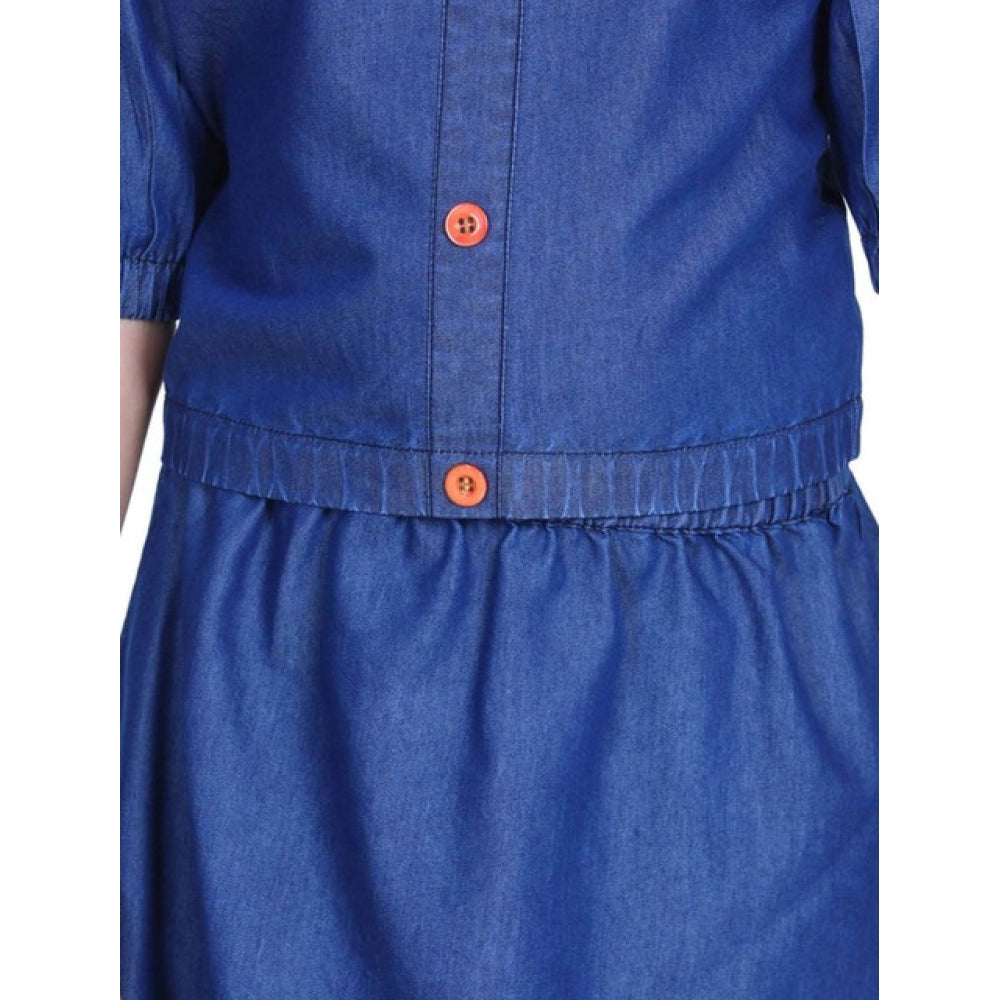 Girl'S Denim Solid Cold Shoulder Top And Skirt Set (Navy Blue)