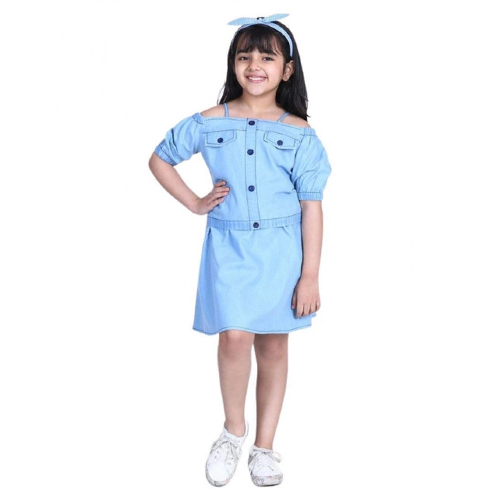 Girl'S Denim Solid Cold Shoulder Top And Skirt Set (Light Blue
