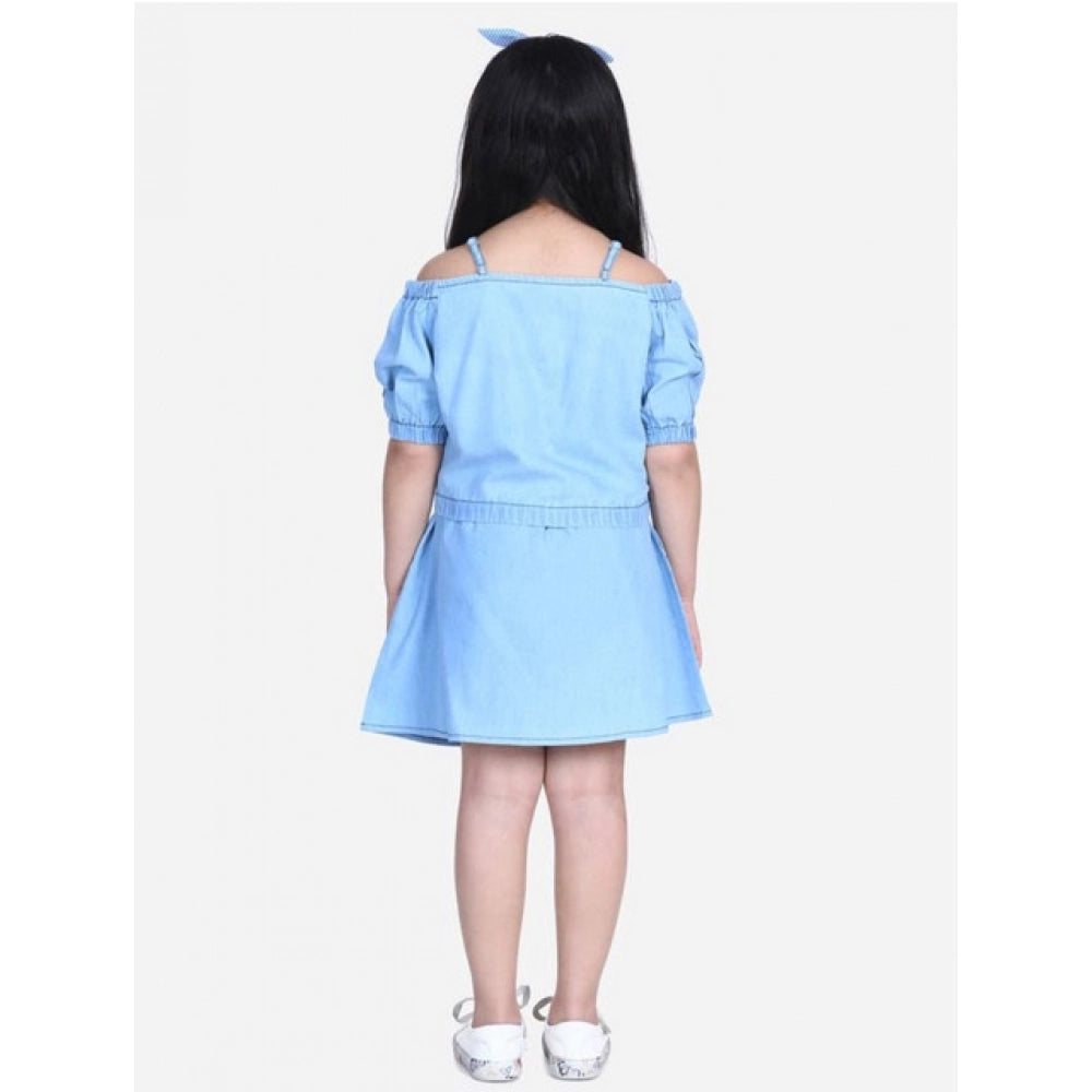 Girl'S Denim Solid Cold Shoulder Top And Skirt Set (Light Blue