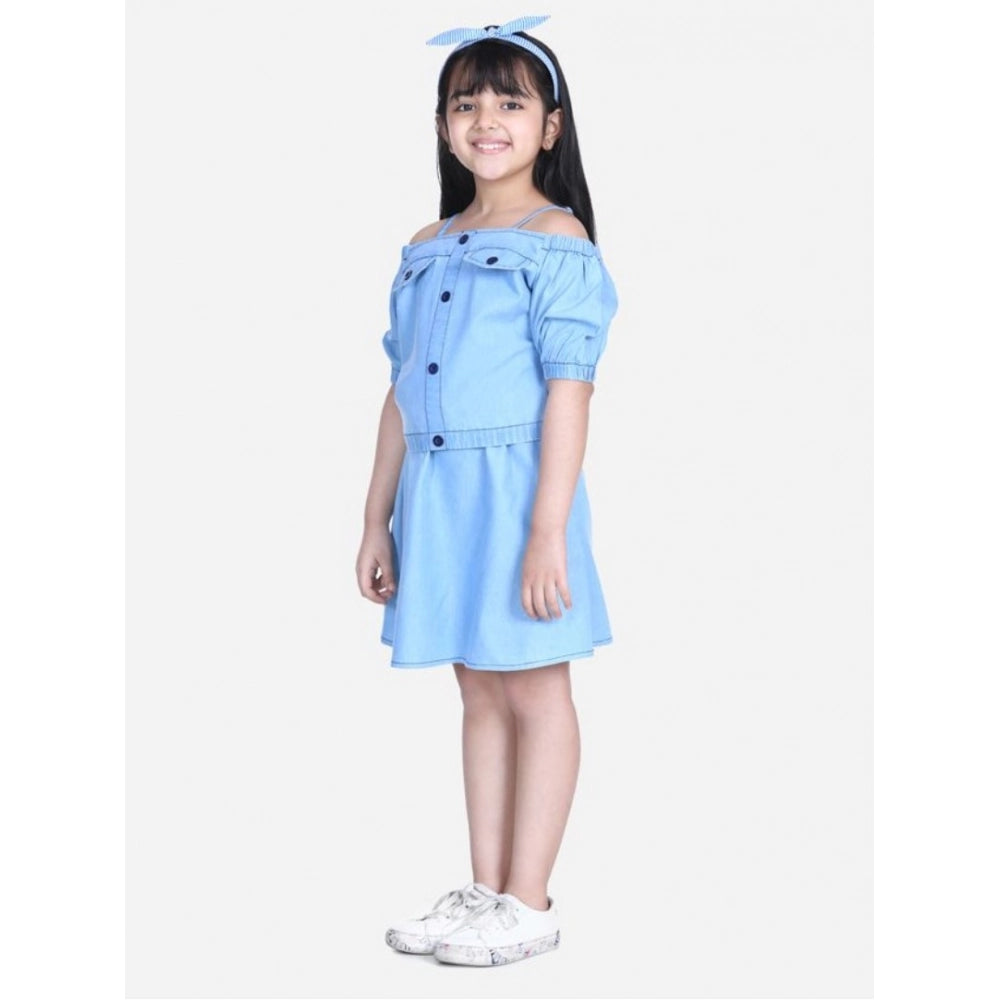 Girl'S Denim Solid Cold Shoulder Top And Skirt Set (Light Blue