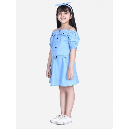 Girl'S Denim Solid Cold Shoulder Top And Skirt Set (Light Blue