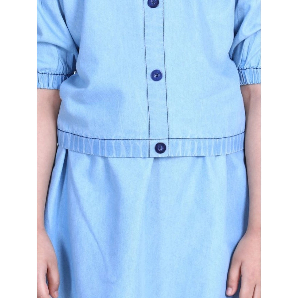 Girl'S Denim Solid Cold Shoulder Top And Skirt Set (Light Blue