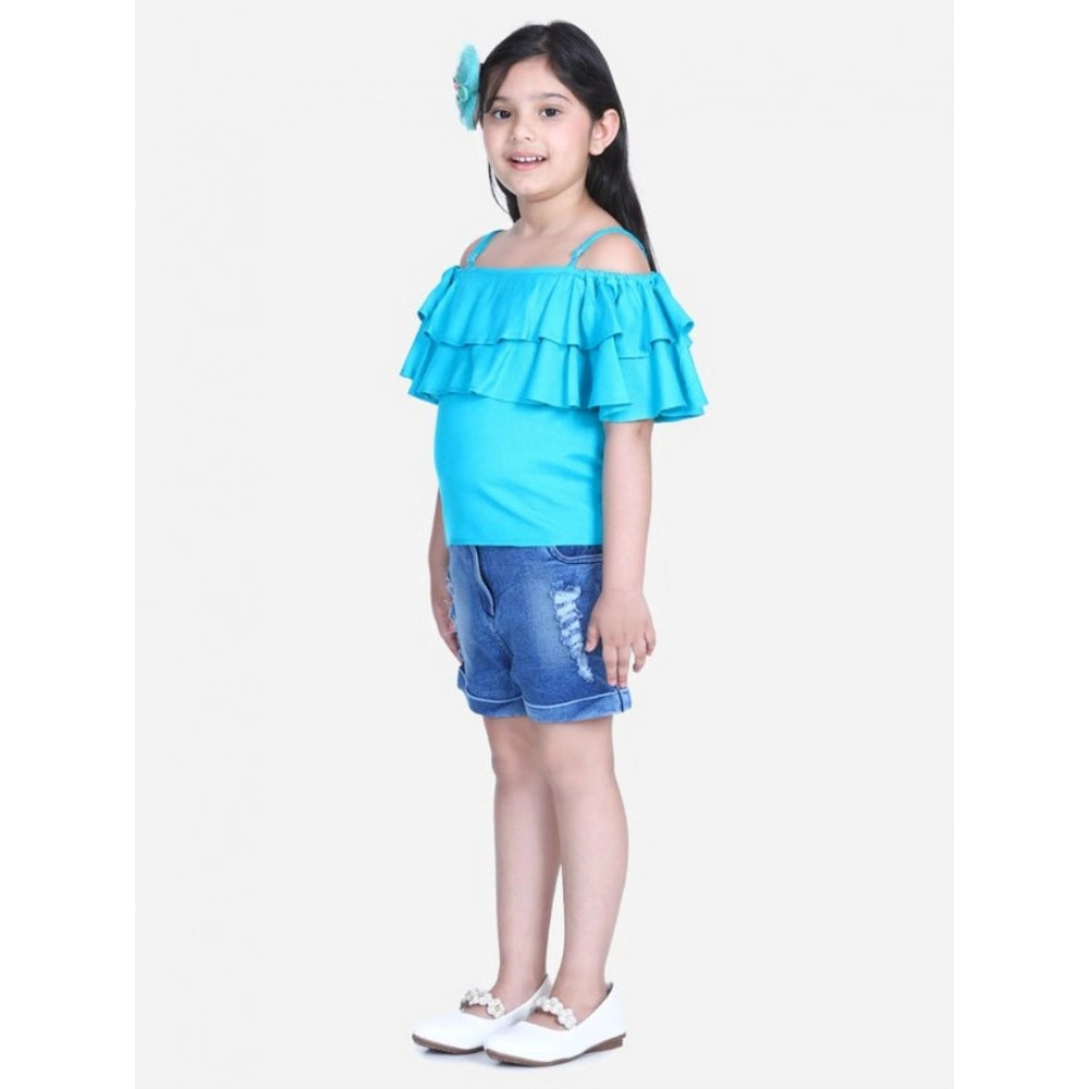 Girl'S Rayon Solid Cold Shoulder Top With Shorts (Blue)