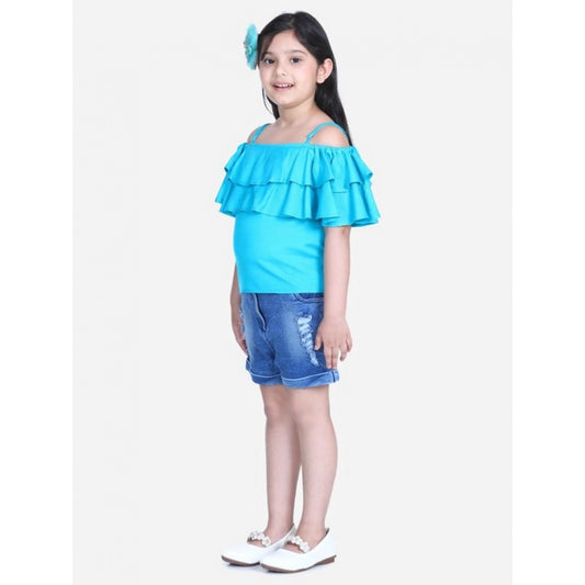 Girl'S Rayon Solid Cold Shoulder Top With Shorts (Blue)