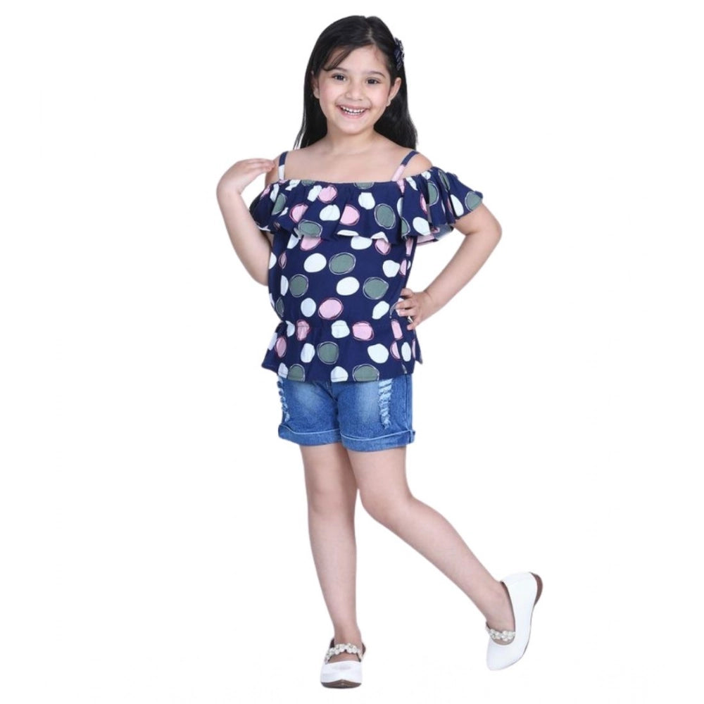 Girl'S Rayon Solid Cold Shoulder Top With Shorts (Navy Blue)