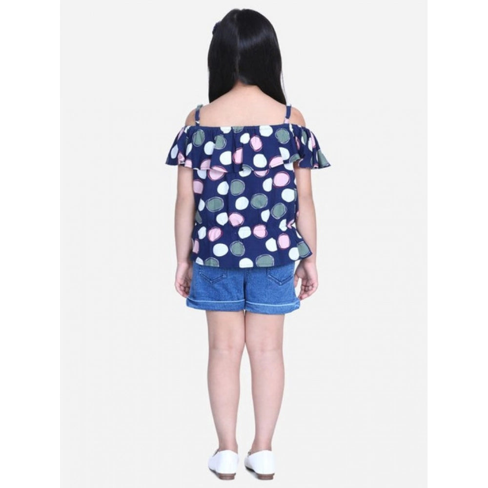 Girl'S Rayon Solid Cold Shoulder Top With Shorts (Navy Blue)