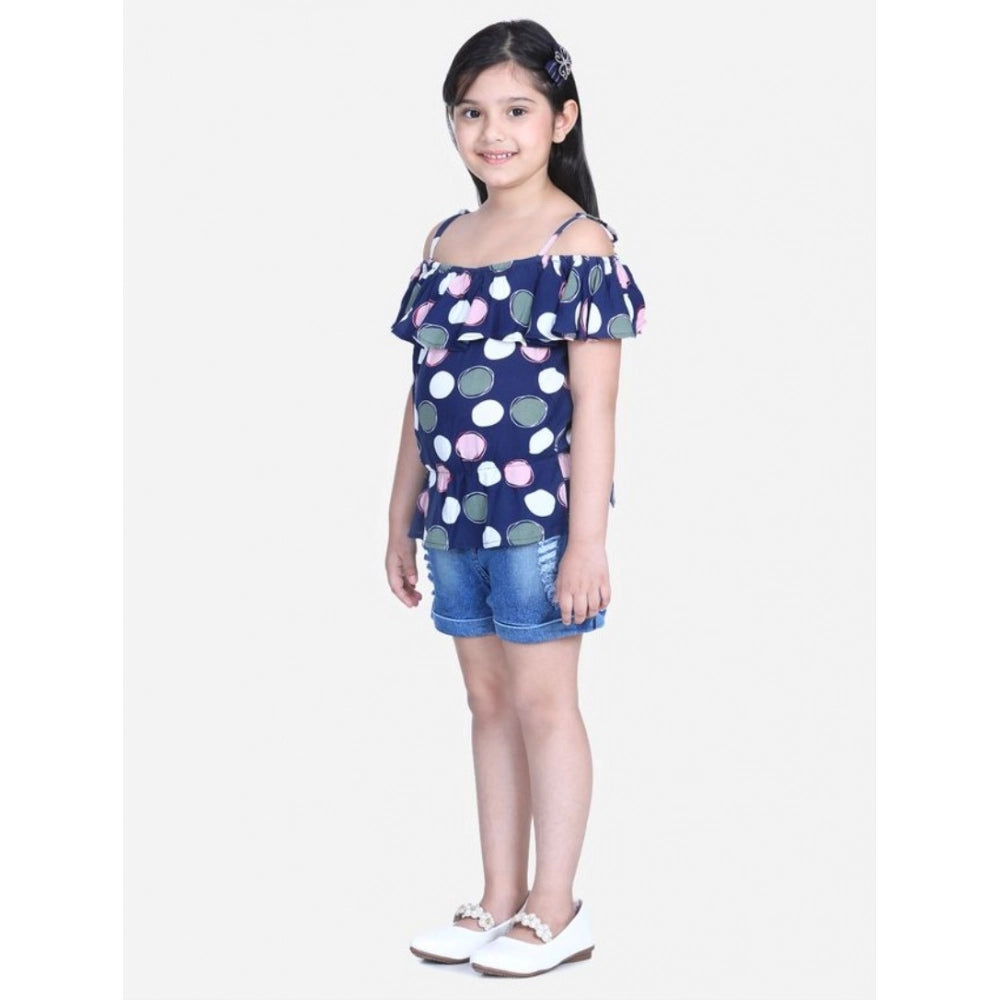 Girl'S Rayon Solid Cold Shoulder Top With Shorts (Navy Blue)