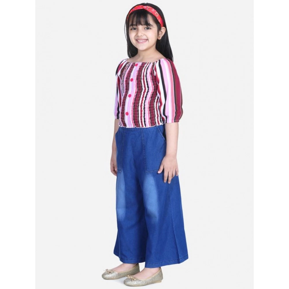 Girl'S Rayon Solid Bell Sleeve Top With Culottes (Purple-Blue)