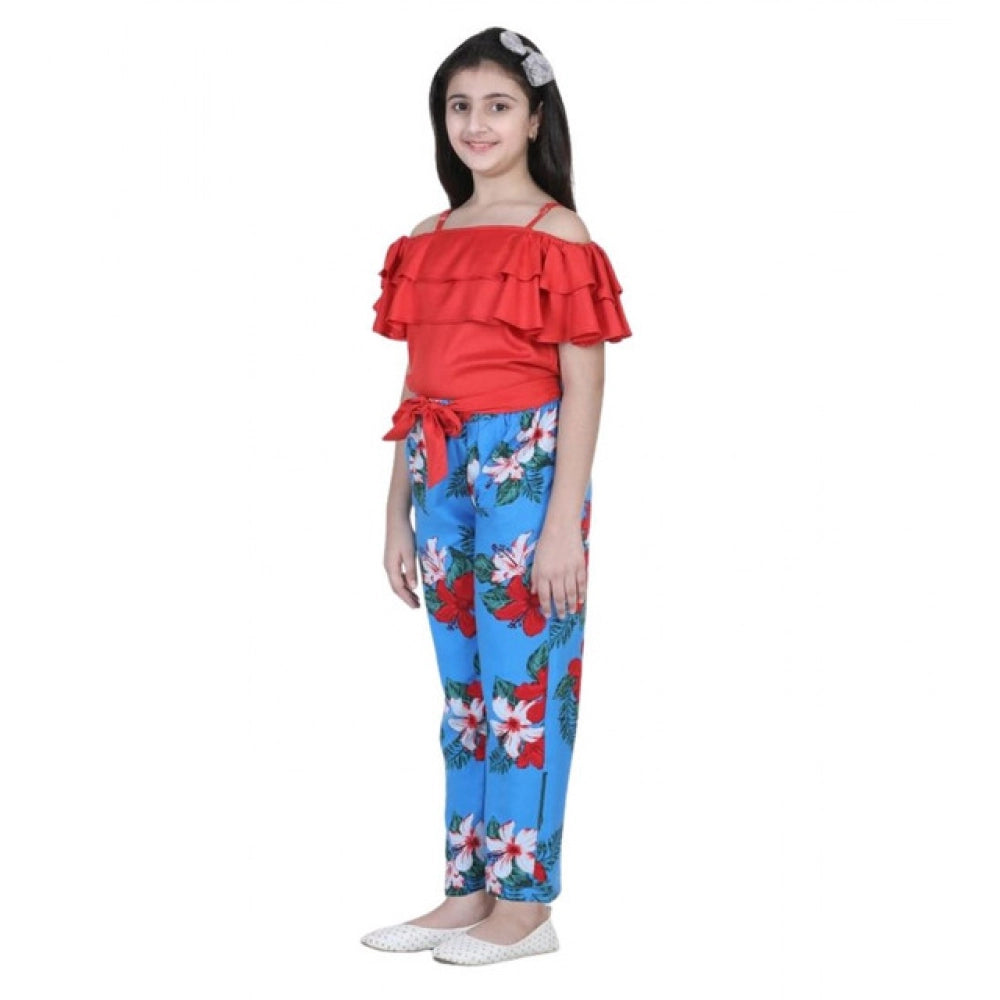 Girl'S Rayon Floral Short Sleeve Top And Trouser Set (Multicol