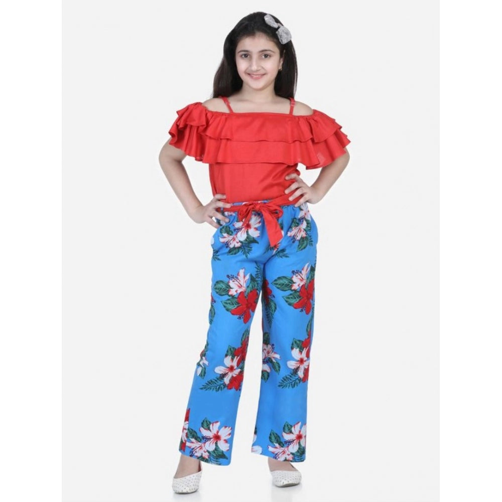Girl'S Rayon Floral Short Sleeve Top And Trouser Set (Multicol