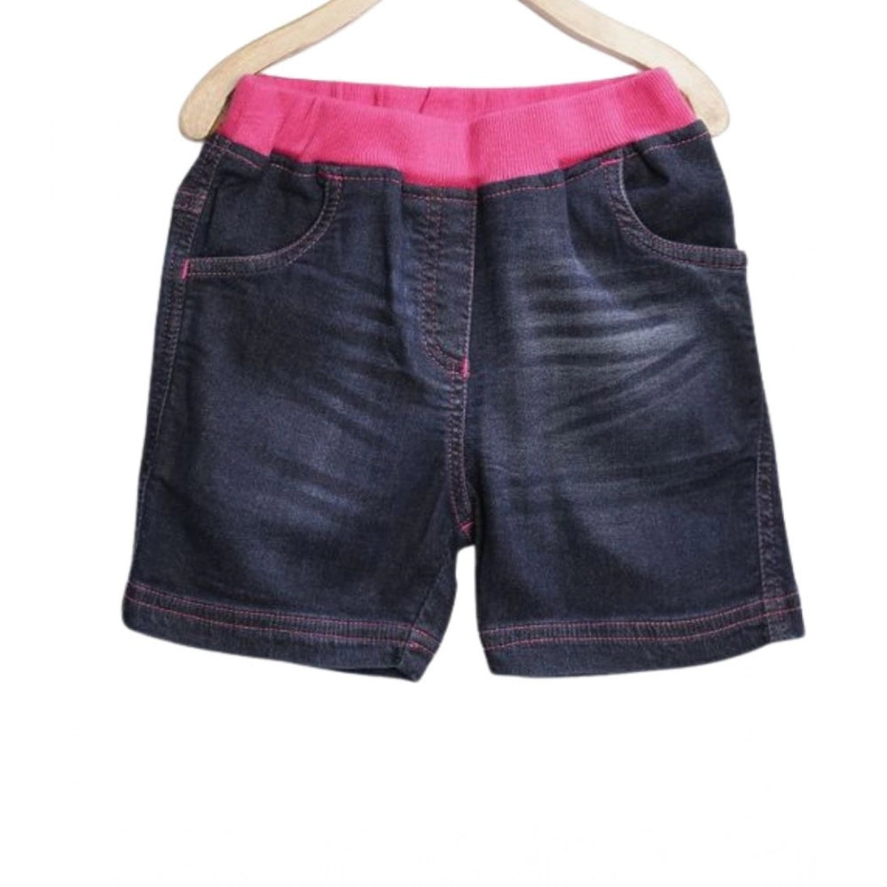 Girl'S Denim Ribbed Elasticated Shorts (Pink-Blue)