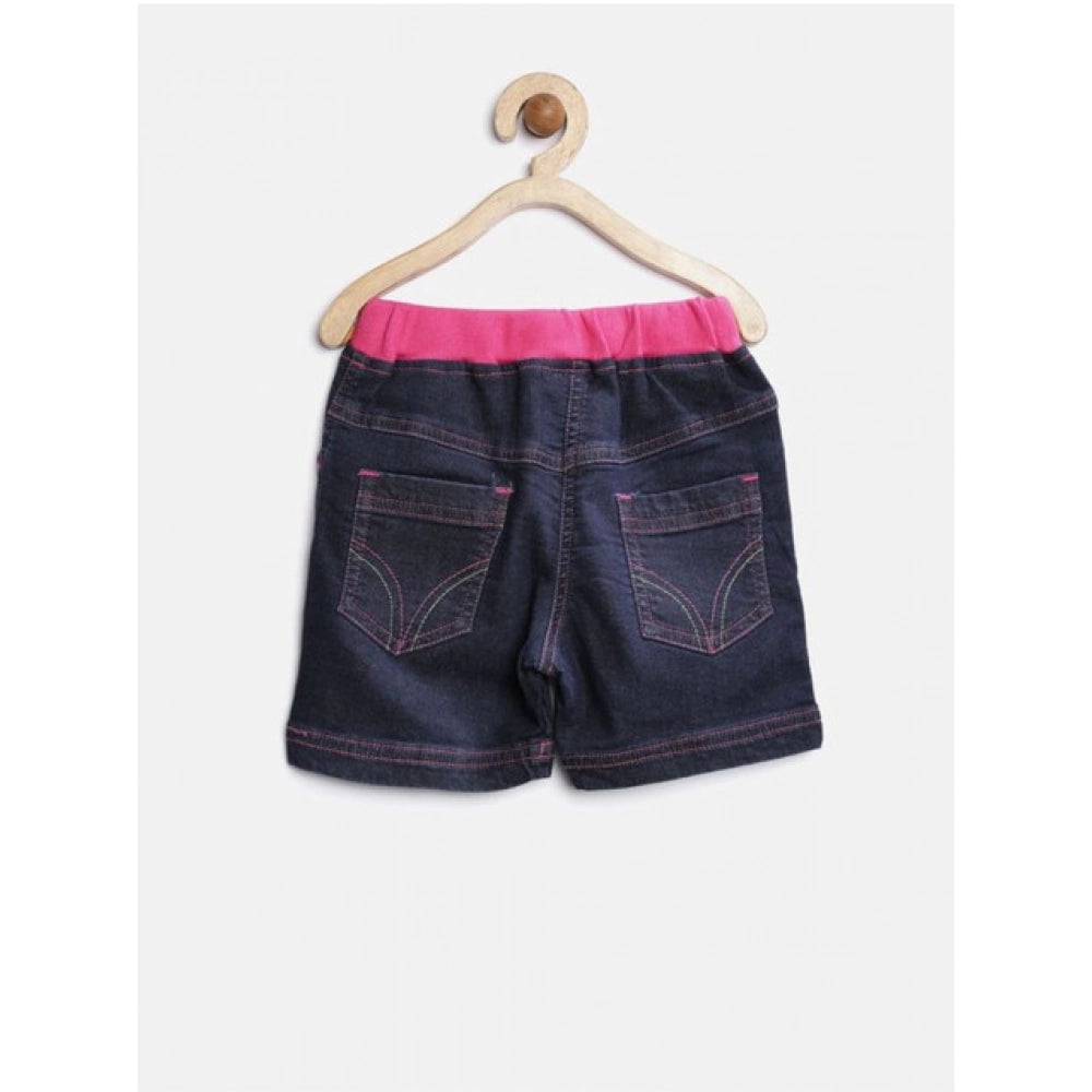 Girl'S Denim Ribbed Elasticated Shorts (Pink-Blue)