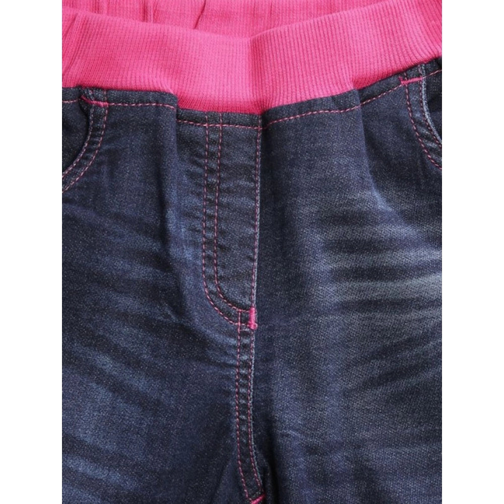 Girl'S Denim Ribbed Elasticated Shorts (Pink-Blue)