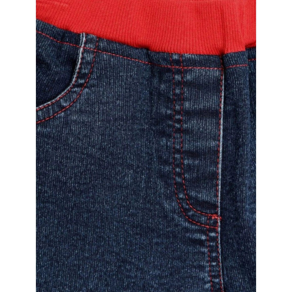 Girl'S Denim Lace Inserts Sleeveless Shorts (Blue-Red)