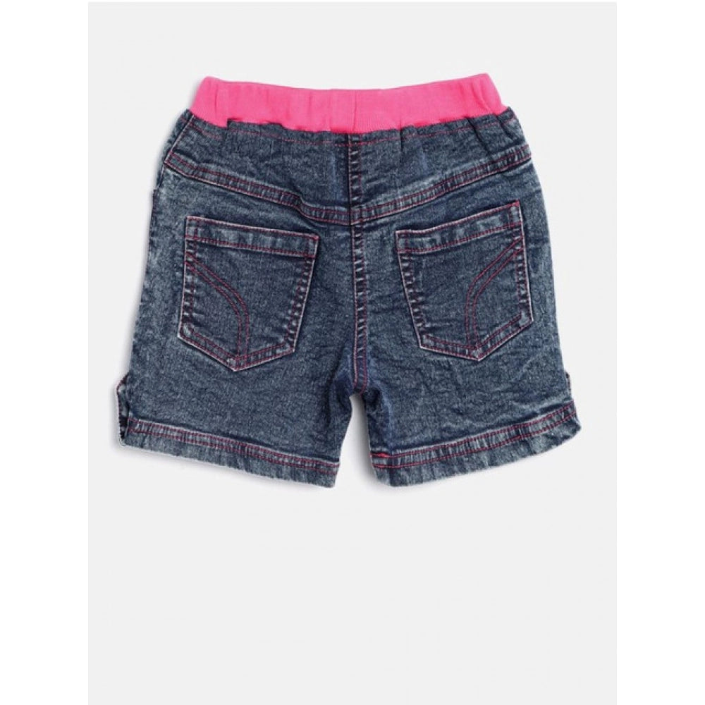 Girl'S Denim Lace Inserts Sleeveless Shorts (Blue-Pink)