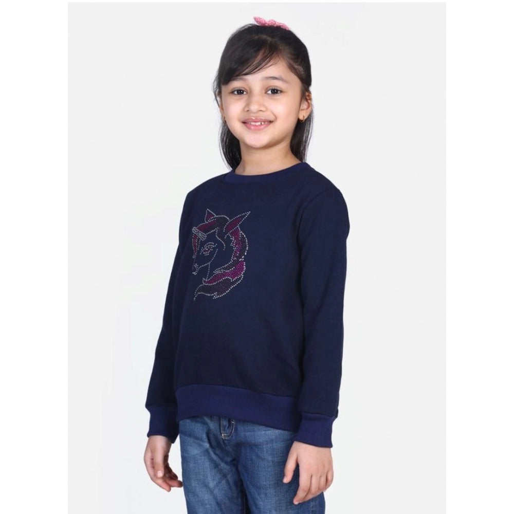 Girl'S Fleece Embellished Long Sleeves Sweatshirt (Navy Blue)