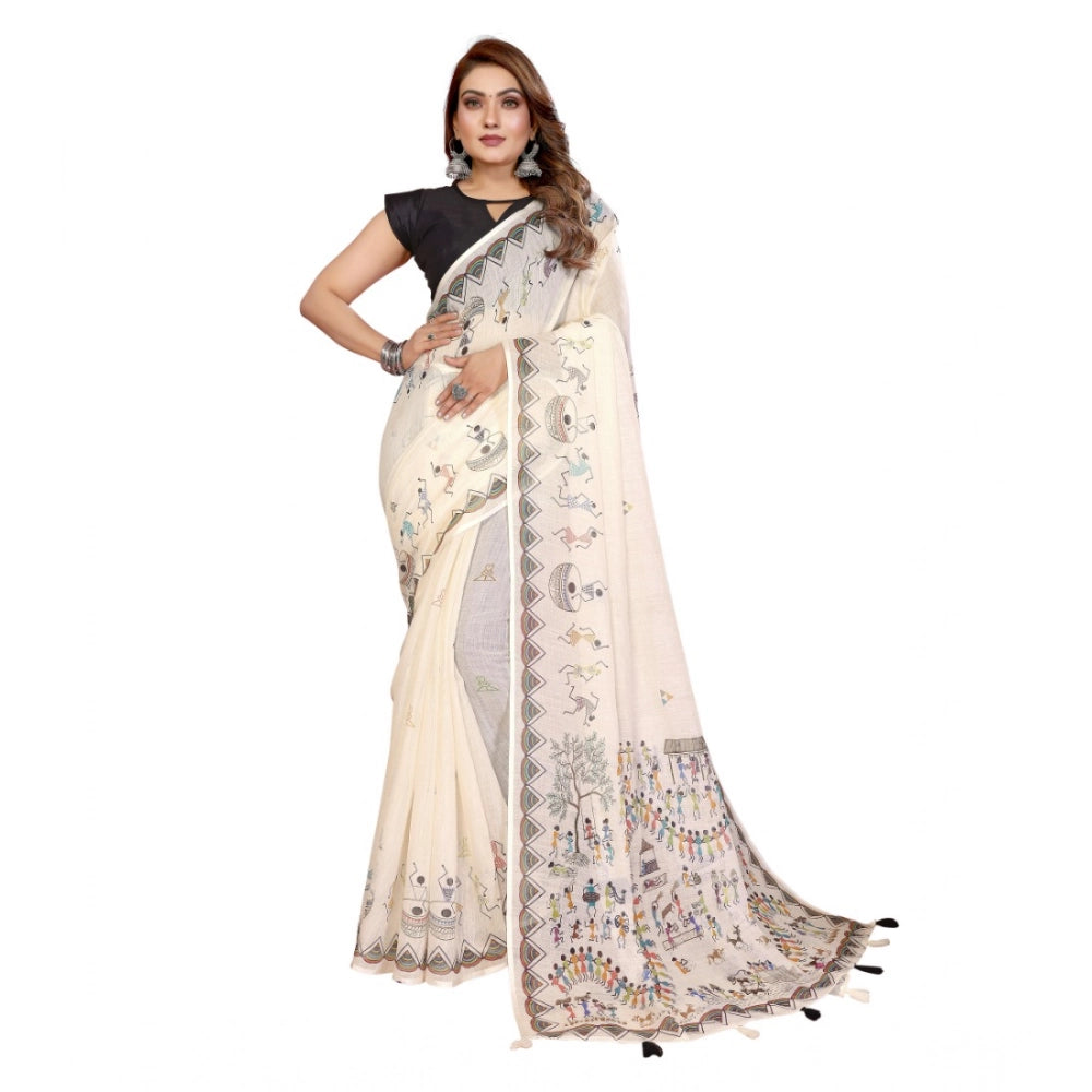 Women's Linen Cotton Printed Saree With Unstitched Blouse 5.5Mtr (Off White) - VANSHELLE
