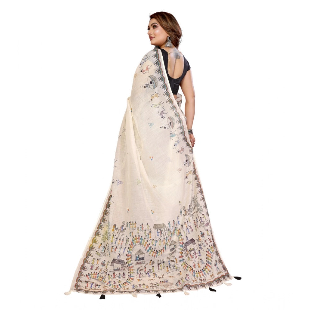Women's Linen Cotton Printed Saree With Unstitched Blouse 5.5Mtr (Off White) - VANSHELLE