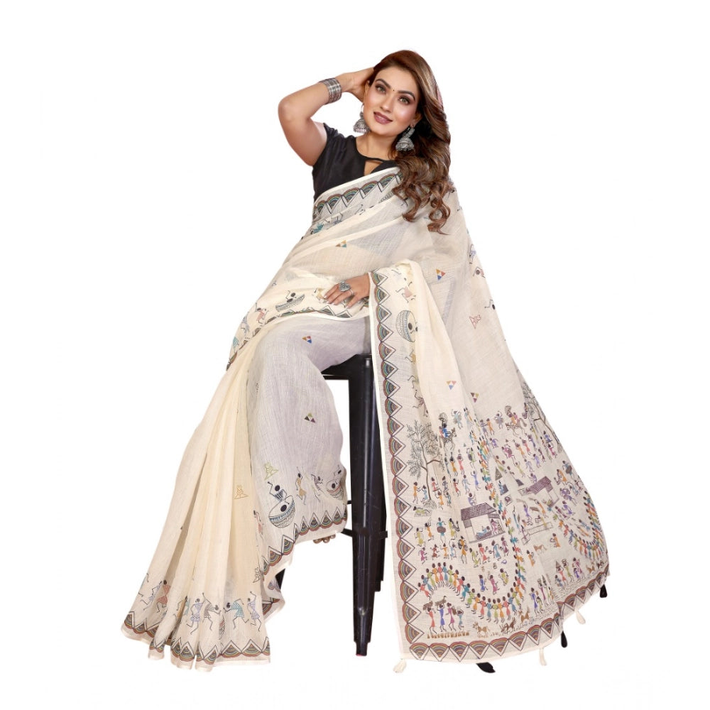 Women's Linen Cotton Printed Saree With Unstitched Blouse 5.5Mtr (Off White) - VANSHELLE