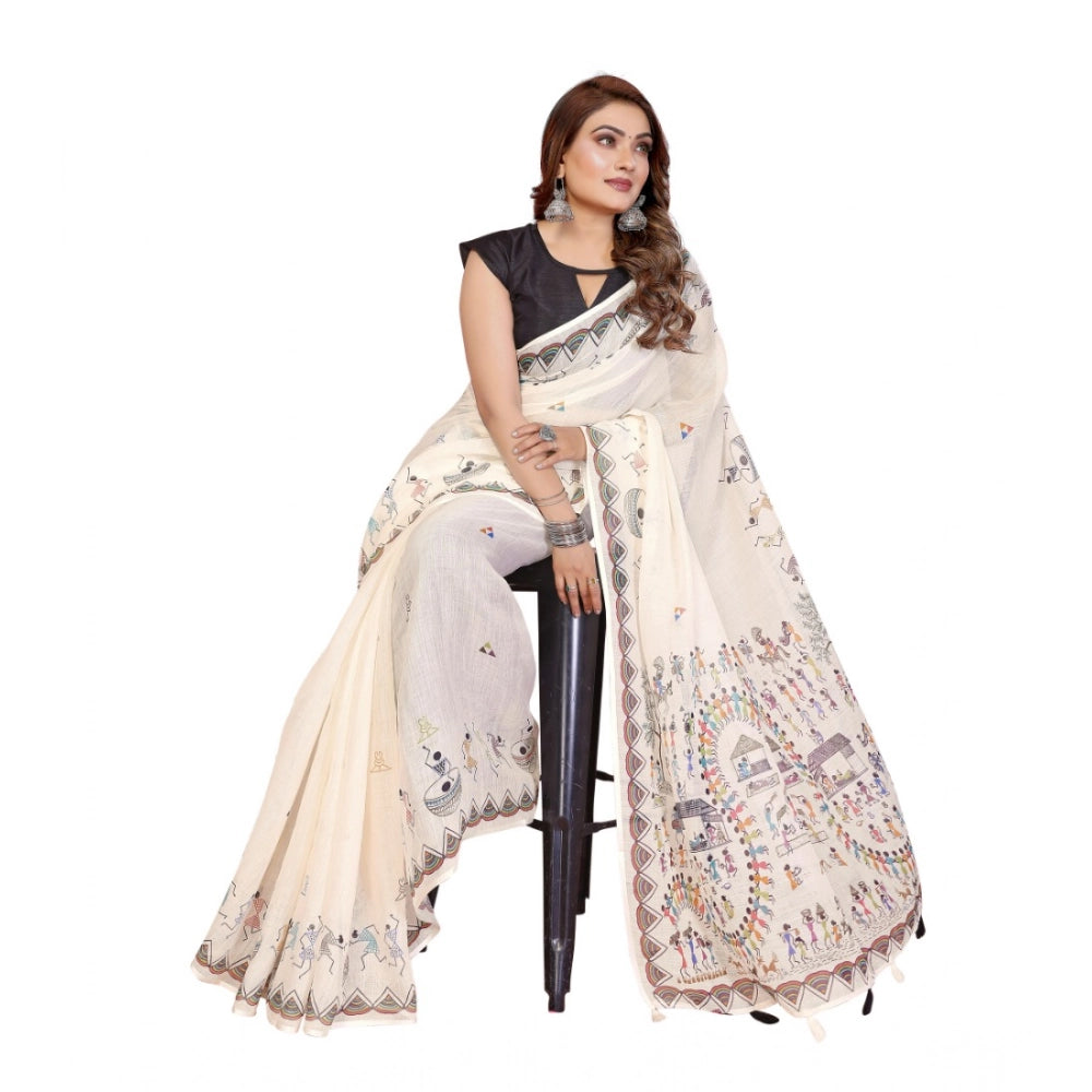 Women's Linen Cotton Printed Saree With Unstitched Blouse 5.5Mtr (Off White) - VANSHELLE
