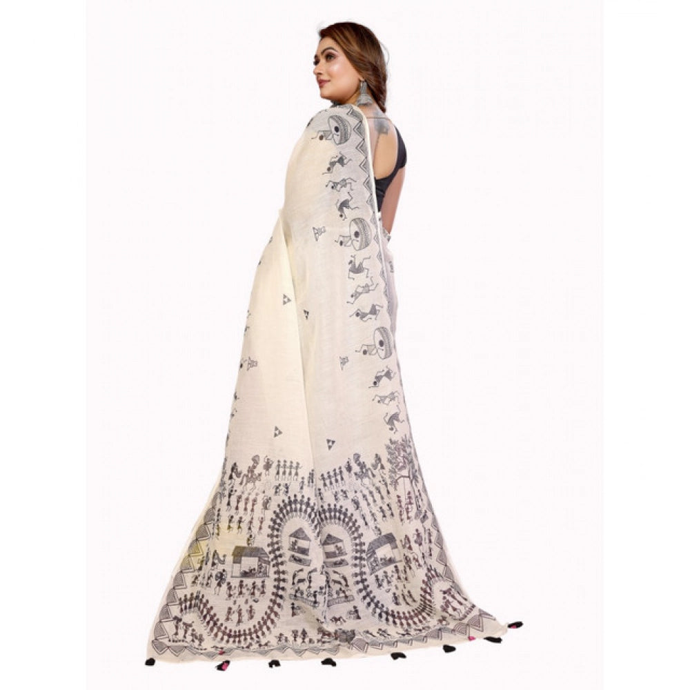 Women's Linen Cotton Printed Saree With Unstitched Blouse 5.5Mtr (Off White) - VANSHELLE
