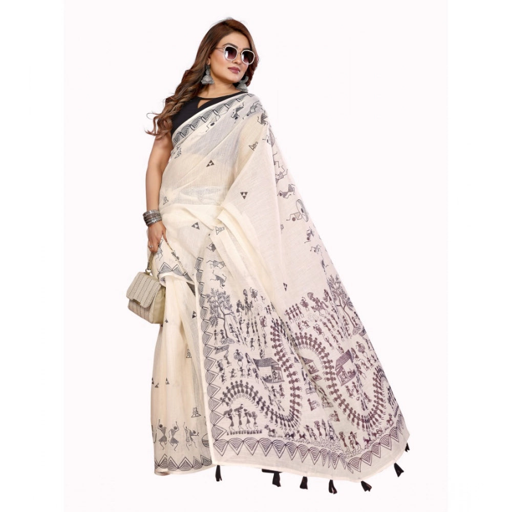 Women's Linen Cotton Printed Saree With Unstitched Blouse 5.5Mtr (Off White) - VANSHELLE
