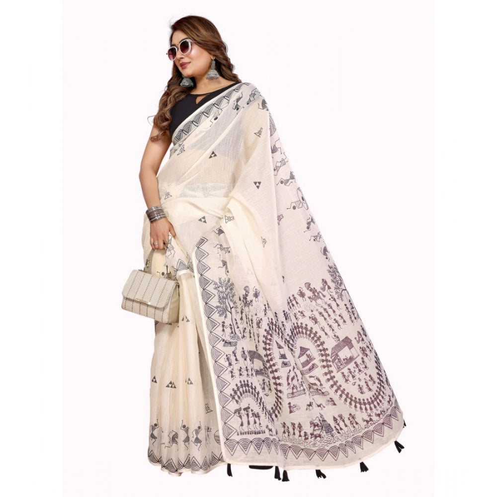 Women's Linen Cotton Printed Saree With Unstitched Blouse 5.5Mtr (Off White) - VANSHELLE