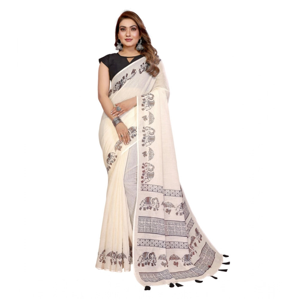 Women's Linen Cotton Printed Saree With Unstitched Blouse 5.5Mtr (Off White) - VANSHELLE