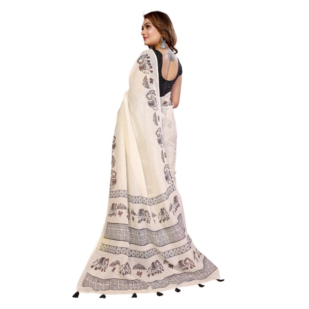 Women's Linen Cotton Printed Saree With Unstitched Blouse 5.5Mtr (Off White) - VANSHELLE