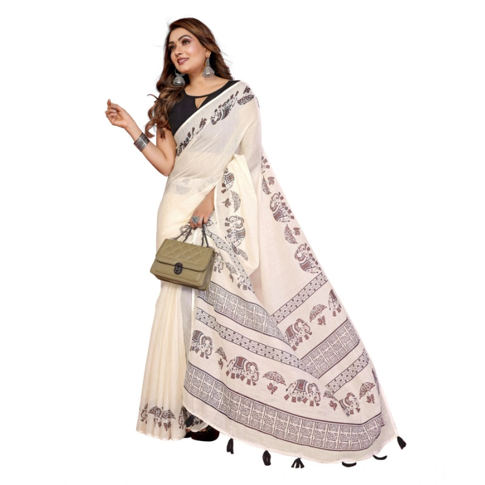 Women's Linen Cotton Printed Saree With Unstitched Blouse 5.5Mtr (Off White) - VANSHELLE