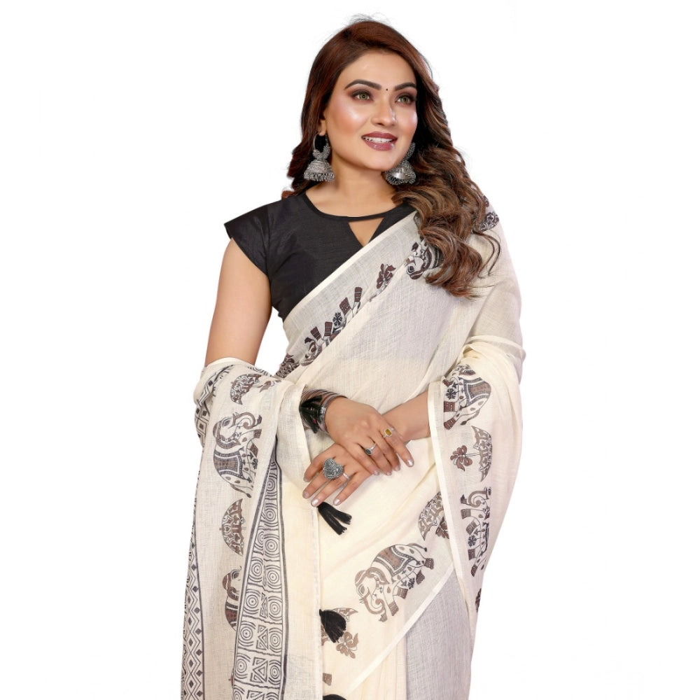 Women's Linen Cotton Printed Saree With Unstitched Blouse 5.5Mtr (Off White) - VANSHELLE