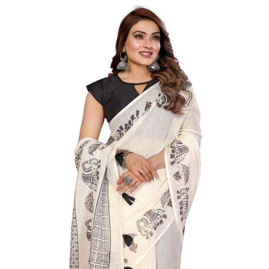 Women's Linen Cotton Printed Saree With Unstitched Blouse 5.5Mtr (Off White) - VANSHELLE