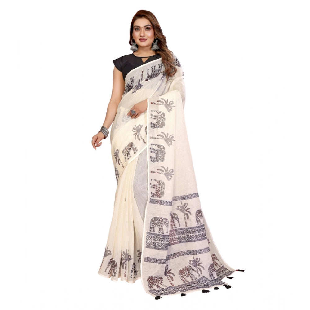 Women's Linen Cotton Printed Saree With Unstitched Blouse 5.5Mtr (Off White) - VANSHELLE