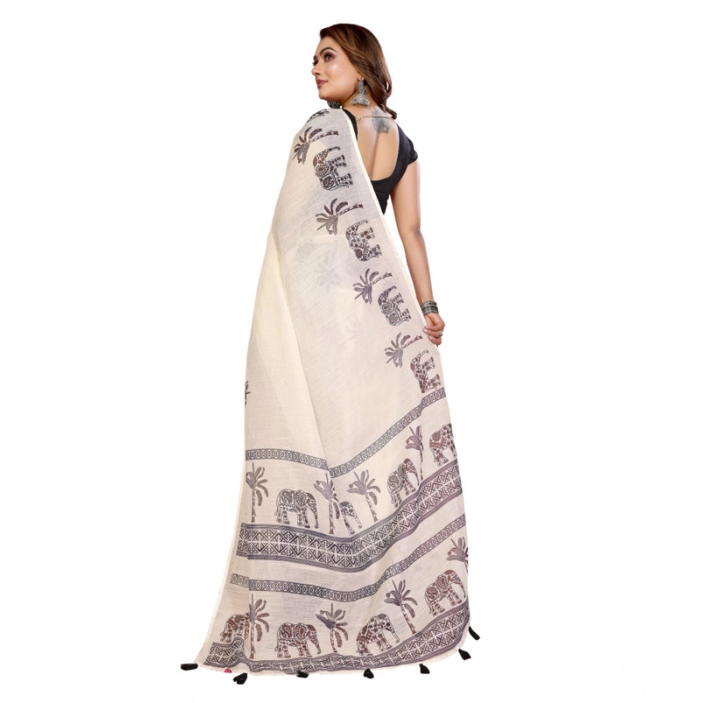 Women's Linen Cotton Printed Saree With Unstitched Blouse 5.5Mtr (Off White) - VANSHELLE