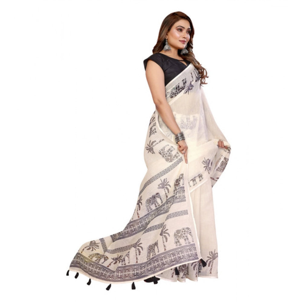 Women's Linen Cotton Printed Saree With Unstitched Blouse 5.5Mtr (Off White) - VANSHELLE
