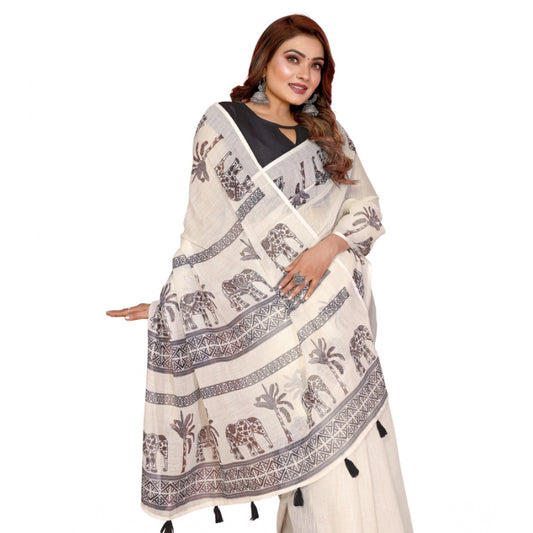 Women's Linen Cotton Printed Saree With Unstitched Blouse 5.5Mtr (Off White) - VANSHELLE