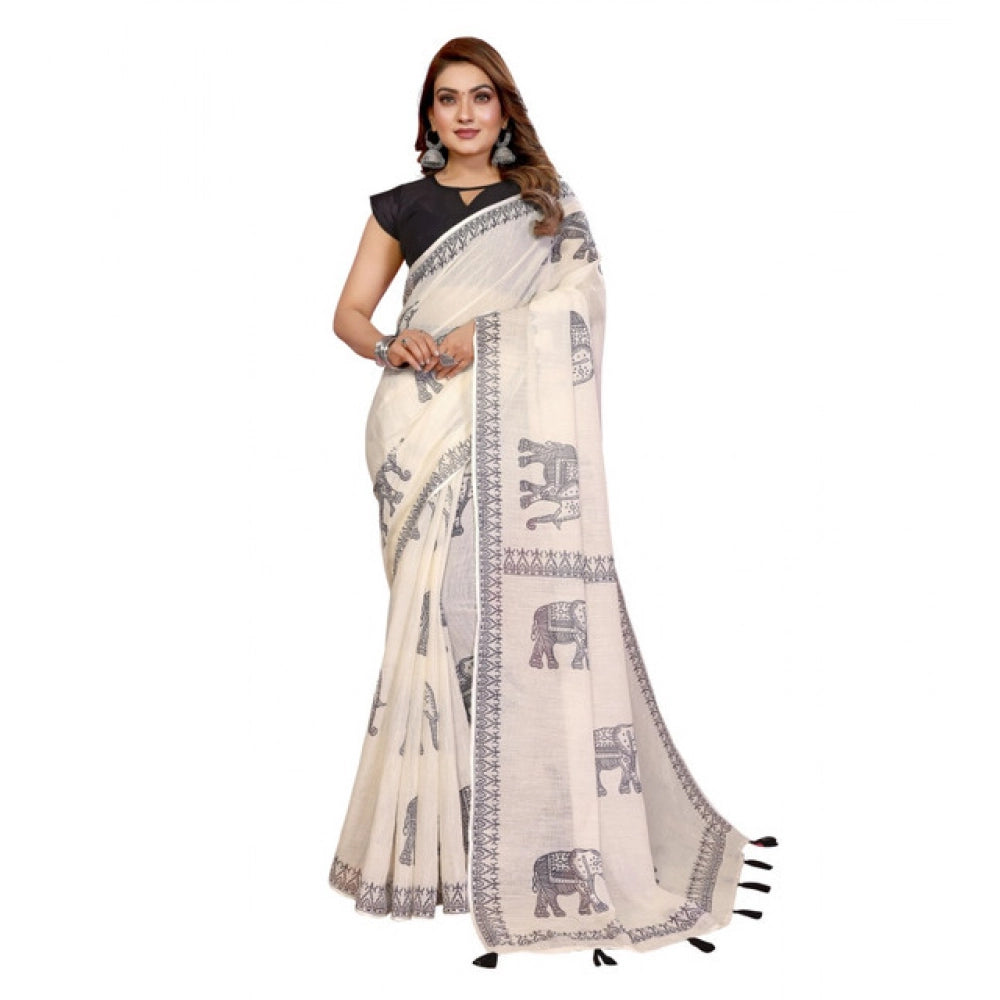 Women's Linen Cotton Printed Saree With Unstitched Blouse 5.5Mtr (Off White) - VANSHELLE