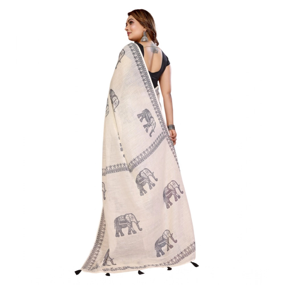 Women's Linen Cotton Printed Saree With Unstitched Blouse 5.5Mtr (Off White) - VANSHELLE