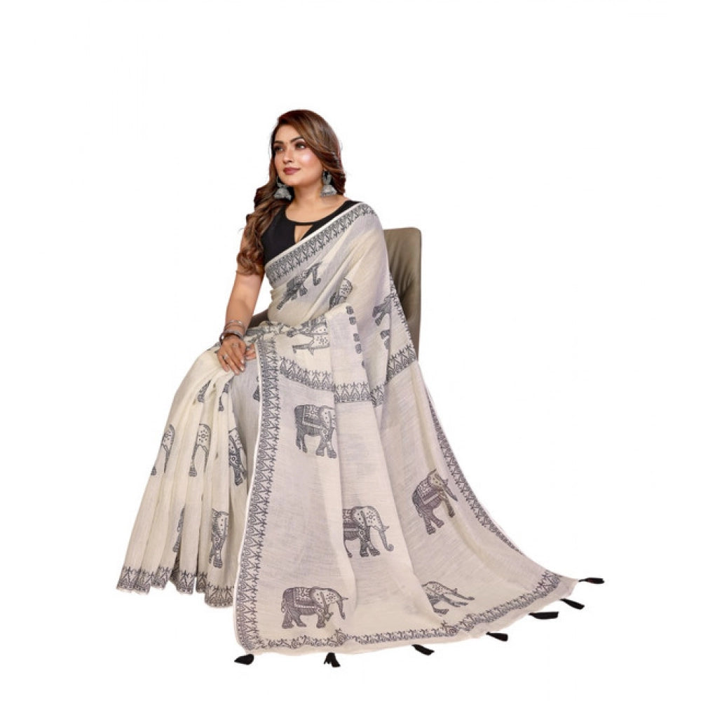 Women's Linen Cotton Printed Saree With Unstitched Blouse 5.5Mtr (Off White) - VANSHELLE