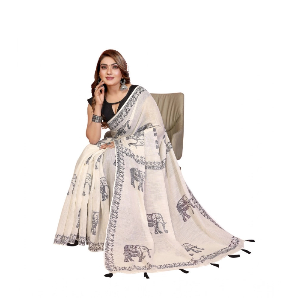 Women's Linen Cotton Printed Saree With Unstitched Blouse 5.5Mtr (Off White) - VANSHELLE