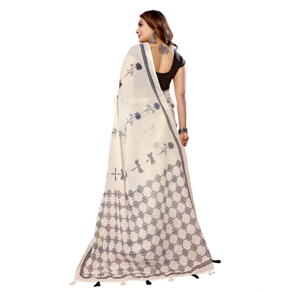 Women's Linen Cotton Printed Saree With Unstitched Blouse 5.5Mtr (Off White) - VANSHELLE