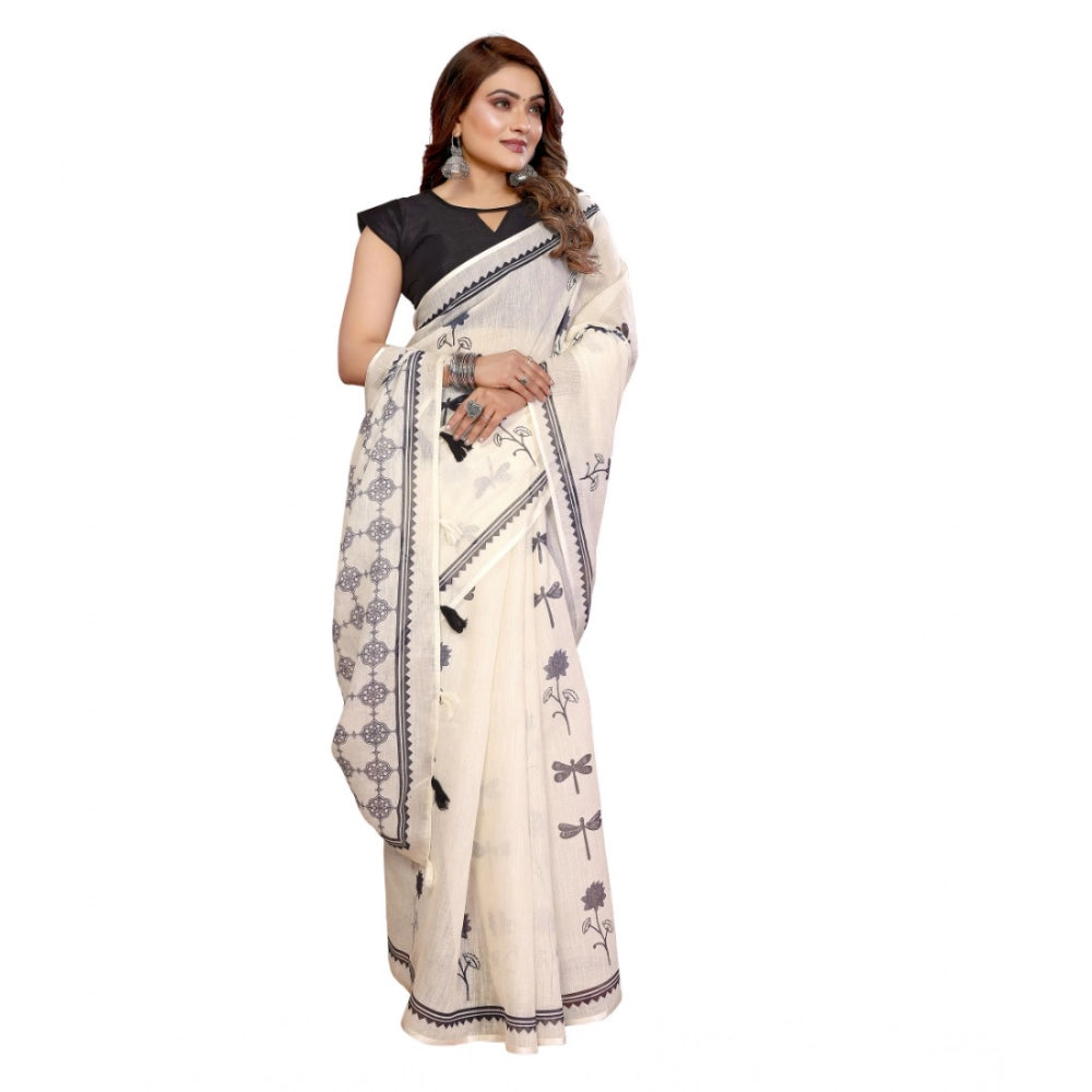 Women's Linen Cotton Printed Saree With Unstitched Blouse 5.5Mtr (Off White) - VANSHELLE