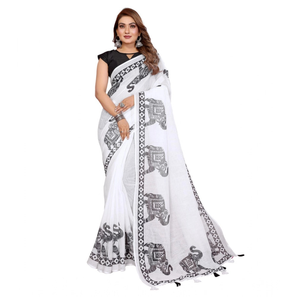 Women'S Linen Cotton Printed Saree With Unstitched Blouse 5.5M