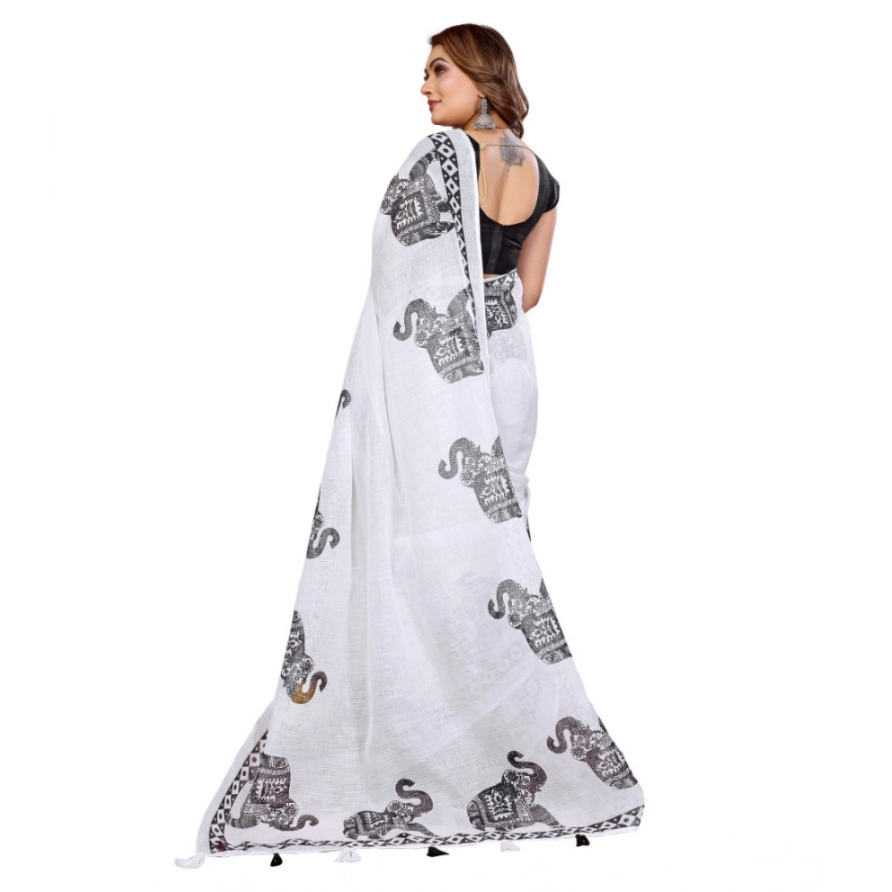 Women'S Linen Cotton Printed Saree With Unstitched Blouse 5.5M