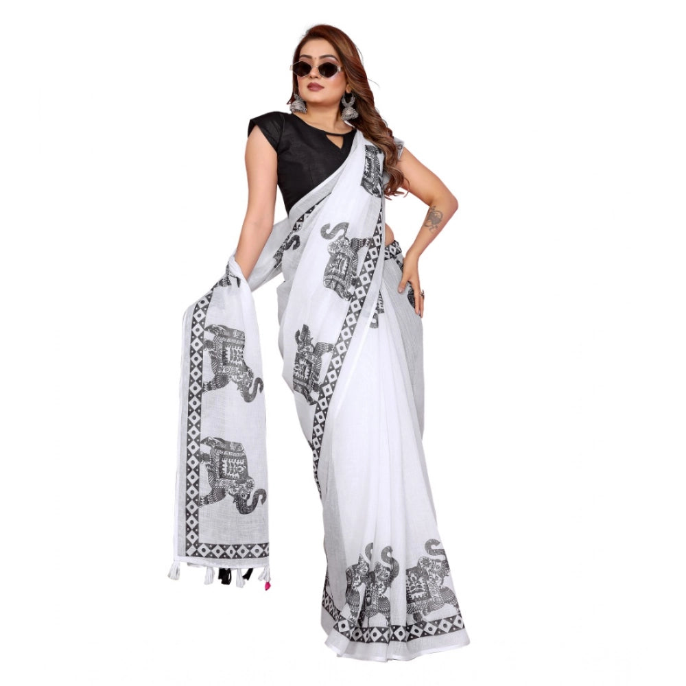 Women'S Linen Cotton Printed Saree With Unstitched Blouse 5.5M